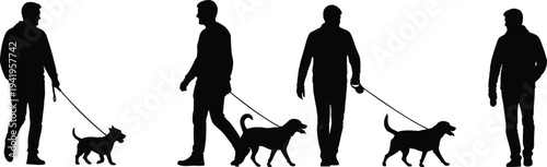 Man walking dog silhouette set, pet owner with dog on leash isolated on white background, daily lifestyle activity illustration