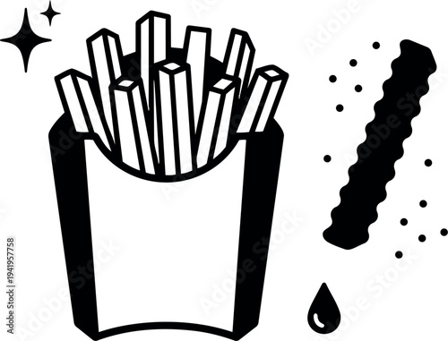 Minimalist black and white vector illustration of crispy french fries with salt sprinkle and single fry dripping oil