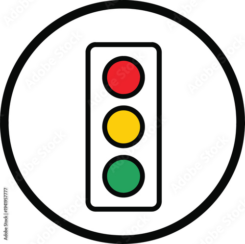 Traffic light icon with red yellow and green signals inside circular sign, road safety and transportation control symbol illustration