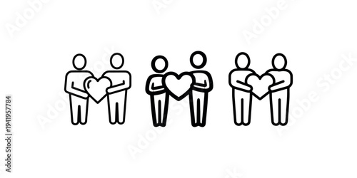 People sharing heart concept for love empathy, altruism, care vector icon design. group of friends or couple holding hearts in outline style