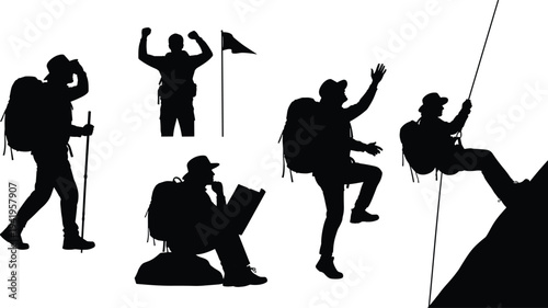 Mountain climber and hiker silhouette set, backpacker climbing peak and celebrating success isolated on white background, adventure travel concept