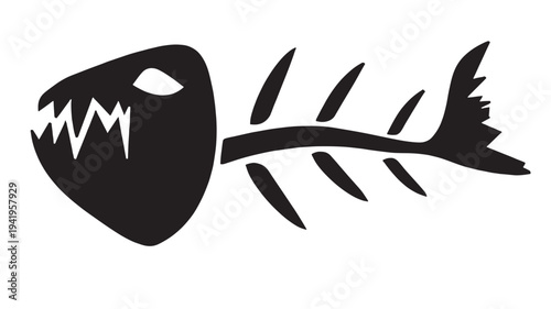 Fish skeleton graphic with sharp teeth and a menacing stare, symbolizing death or danger in black and white.