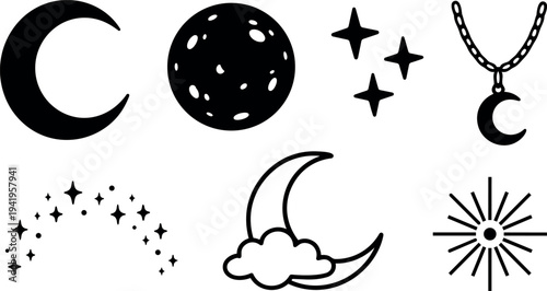 Black and white minimalist vector icons set of crescent moon stars necklace cloud and sun symbols in simple flat design style