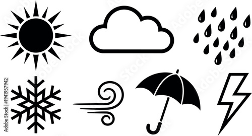 Minimalist black weather icons set including sun cloud rain snow wind umbrella and lightning bolt symbols in simple vector art style for digital use