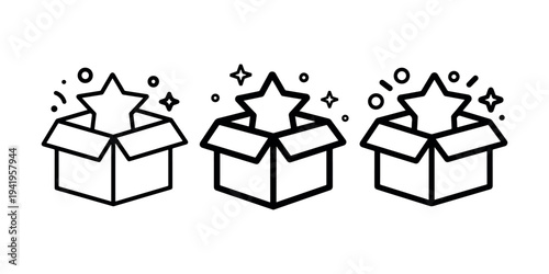 Box with star vector icon. concept of best choice, premium quality product, reward, unboxing, gift, prize, bonus, rating, excellent
