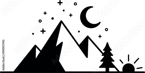 Minimalist black silhouette mountain landscape with crescent moon stars pine tree and rising sun vector art icon
