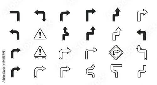 Collection of Directional Arrows and Warning Signs for Navigation.