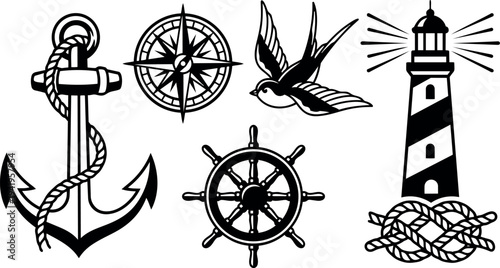 Black and white nautical vector set with anchor compass bird lighthouse wheel and rope knot maritime symbols and sailing elements design