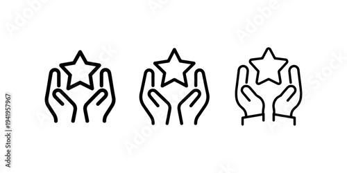 Hands holding star vector icon set. concept of customer review, rating, loyalty program, best service, quality, feedback, giving, prize