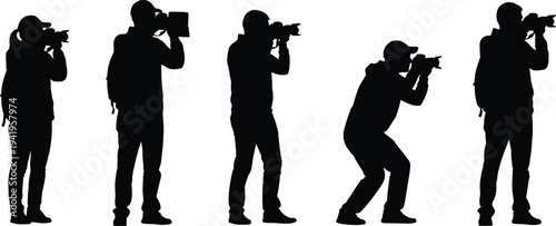 Photographer silhouette collection taking photos with camera, professional photographer poses isolated on white background, photography hobby and media concept