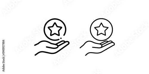 Hand holding star inside circle icon, representing reward, achievement, rating or success, simple outline design