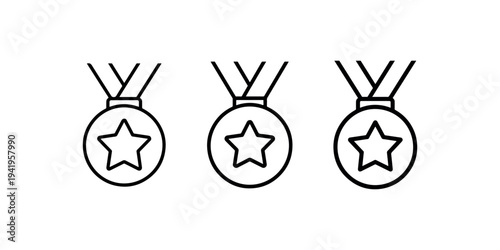 Three medal icons with star inside, symbolizing victory, championship, award, and achievement, contest prize