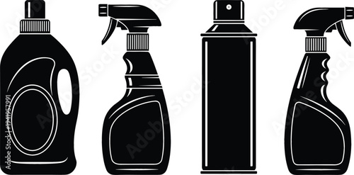 Cleaning product bottles silhouettes set including spray bottles, detergent container and aerosol can for household cleaning supplies illustration
