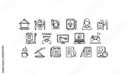 Thin line lifestyle infographic icon set with daily routine entertainment and self care symbols isolated on white background