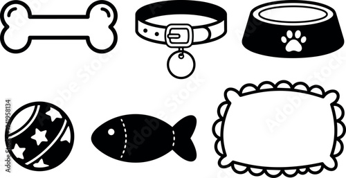 Minimalist black and white vector icons set with dog bone collar fish toy pillow and food bowl pet accessories