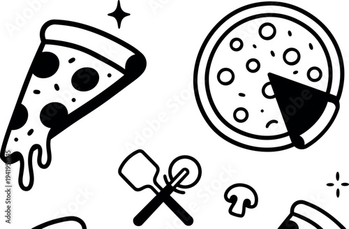 Minimalist line art pizza slice with dripping cheese and pizza cutter utensils black and white vector design illustration
