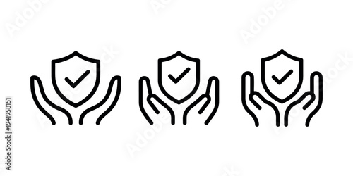 Three shield icons held by hands indicating safety, protection, and assurance, security checkmark, care and safeguarding concept, trust and guarantee symbol