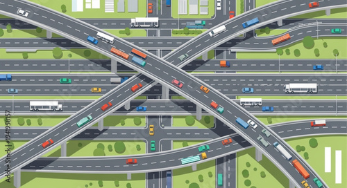 Aerial View of a Complex Highway Interchange with Traffic.