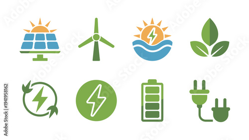 Renewable Energy Icon Set With Solar Panel Wind Turbine Water Power And Sustainable Electricity Concept