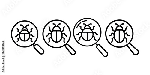 Four magnifying glass icons with beetle bugs inside representing bug detection, software testing, pest control, and research, insect inspection concept