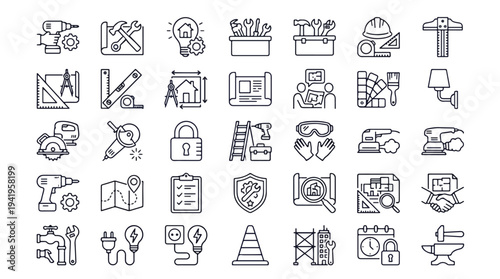 Minimalist Line Art Icons Set for Business and Technology on White Background