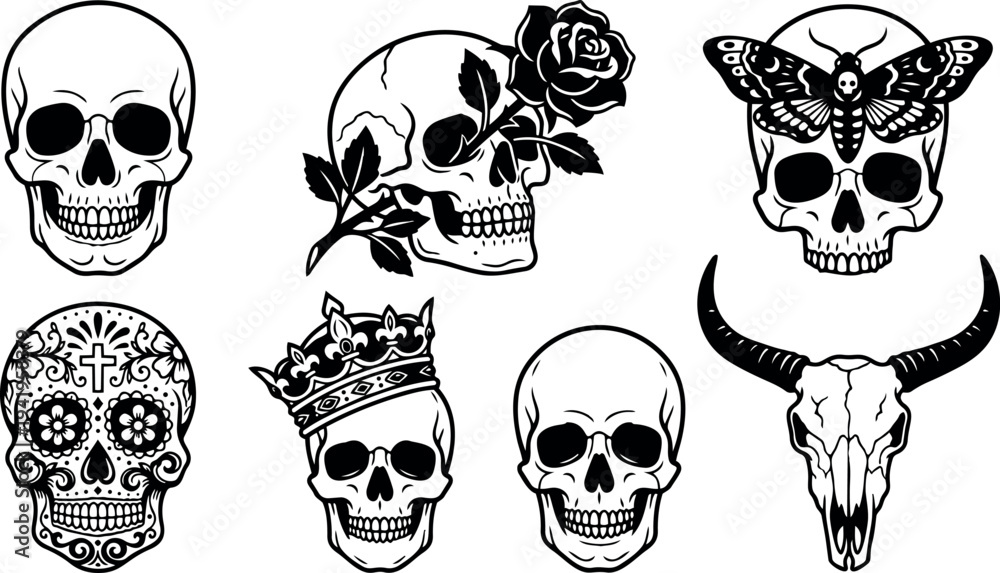 Fototapeta premium Black and white tattoo flash skulls with crown rose butterfly and decorated sugar skull art style collection set