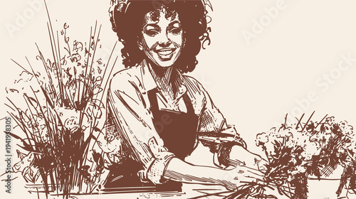 Cheerful florist woman preparing colorful flower bouquet. Close portrait with blossoms and stems, background for wedding invitations and greeting cards. Pencil hand drawn illustration sketch style.