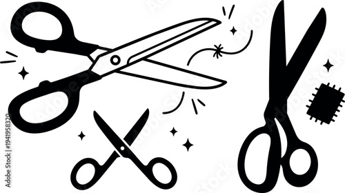Black and white flat design scissors set with open closed blades and sparkling action marks in simple vector style