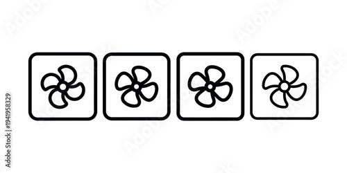 Set of four black outlined fan icons in square frames, representing cooling or ventilation on a plain white background