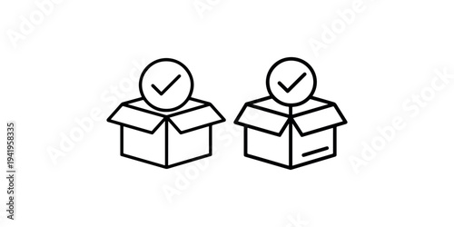 Two open cardboard boxes with a checkmark in a circle above, symbolizing successful delivery or completed order