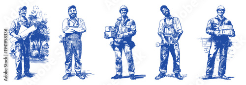 Construction workers builders engineers laborers professional team illustration. Industrial workers holding tools and materials. Pencil drawn line sketch style. Banner for construction company brandin
