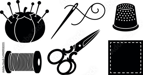 Black silhouette sewing tools set with scissors needle pin cushion spool thimble and stitched fabric square vector art