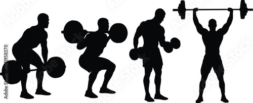 Weightlifting athlete silhouette set, bodybuilder lifting barbell and dumbbells isolated on white background, fitness gym workout strength concept