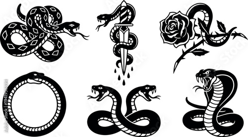 Black and white tattoo flash style snake designs with coiled cobras roses dagger and minimal vector art set