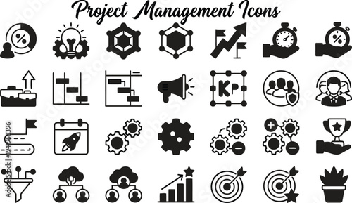 Project Management Icon Set for Agile Workflow Strategic Planning Corporate Productivity and Team Leadership 4k