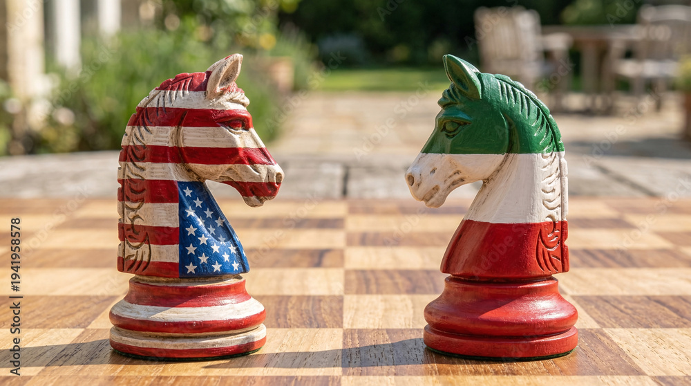 Obraz premium American And Iranian Flag Knight Chess Pieces Facing Off International Relations