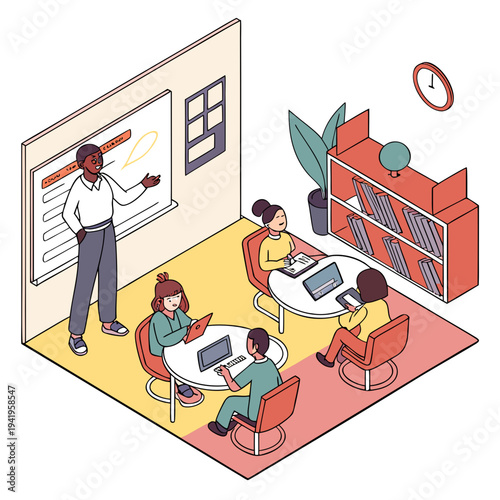 Classroom scene with teacher and students in style