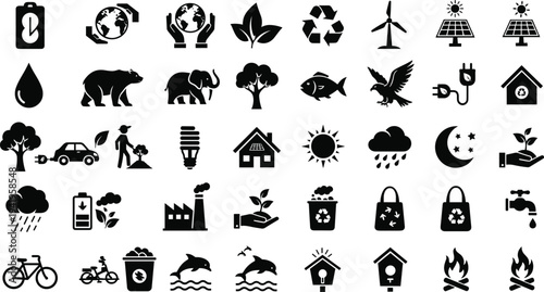 Sustainable living eco-friendly icons set for green initiatives