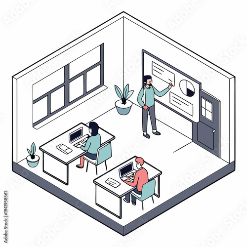 Isometric office interior with people working at desks and presenting on whiteboard