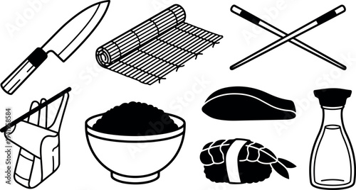 Minimalist black and white sushi preparation tools knife rice chopsticks soy sauce bottle rolling mat and nigiri sushi pieces vector illustration
