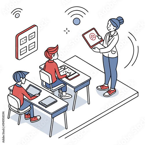 Of teacher and students with laptops and tablet in classroom setting