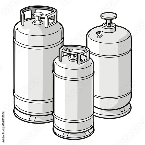 Detailed of three household fuel cylinders propane tanks