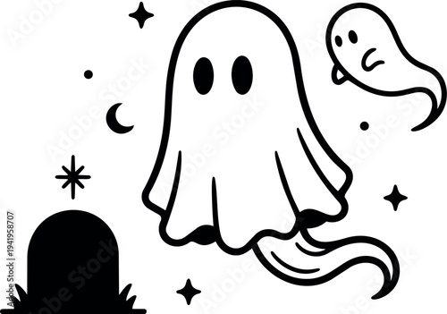 Minimalist black and white vector art of two floating ghosts near tombstone with stars and crescent moon halloween theme