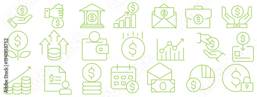Money income thin line icon set. Containing profit, financial analysis data, finance graph, growth, investment, chart, fund, payment, revenue, statistic, earnings, management. Vector illustration