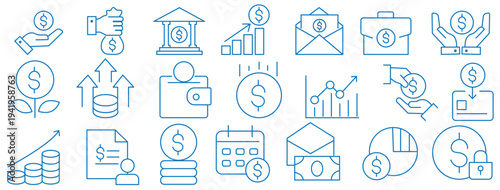 Money income thin line icon set. Containing profit, financial analysis data, finance graph, growth, investment, chart, fund, payment, revenue, statistic, earnings, management. Vector illustration