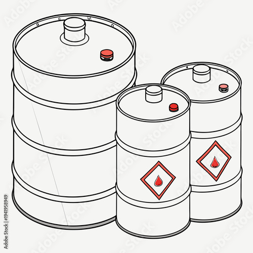 Three white fuel barrels with red labels and caps oil drums