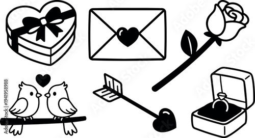 Black and white vector icons of love themed objects including heart shaped box envelope rose ring arrow and two birds