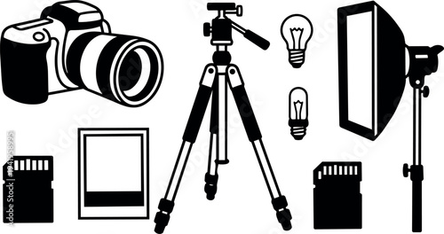 Black silhouette photography camera tripod studio light bulbs memory cards vector art icons set