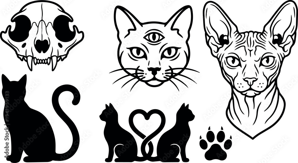 Fototapeta premium Black and white line art mystical three eyes cat skull silhouette sitting cats with heart shaped tails and paw print vector art
