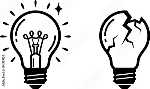 Minimalist black and white vector art of glowing intact light bulb and cracked broken light bulb side by side contrasting ideas